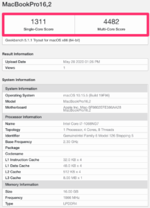 Geekbench MacBook Pro13 2020 i7